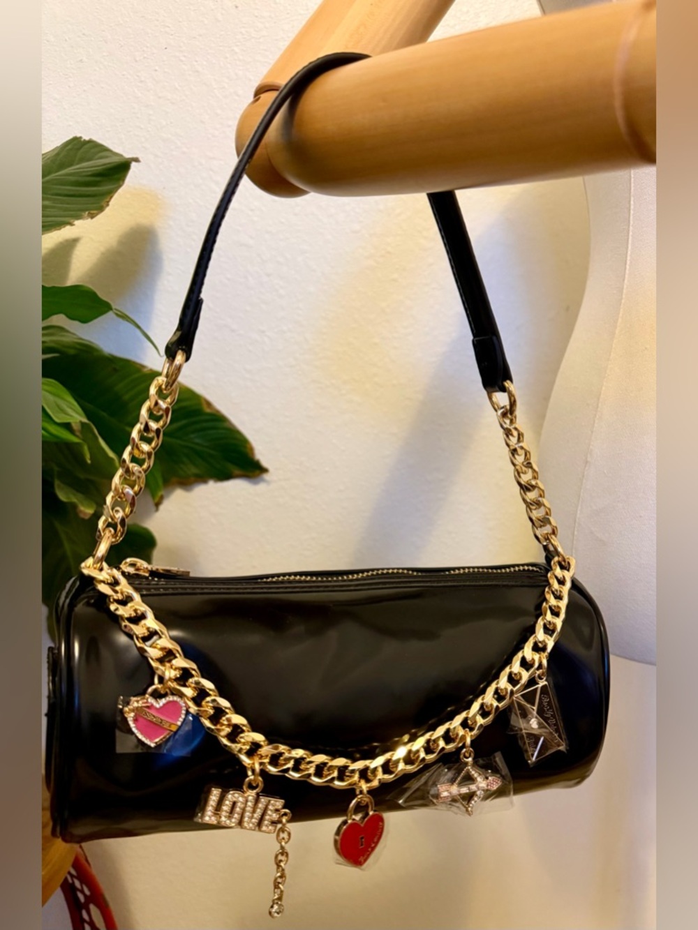Juicy Couture - Black Patent Shoulder Bag with Gold Chain and Heart Charms